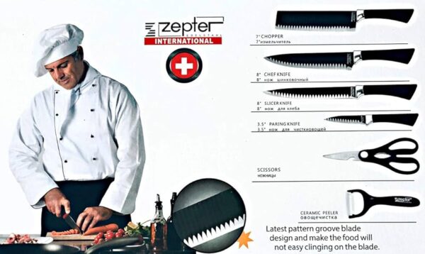 Zepter Kitchen Knife Set 6 Pcs set Knife Sets for Kitchen with Black, Dishwasher Safe Kitchen Knife Set with Built in Sharpener Block, German Stainless Steel Knife Black Set, - Image 2