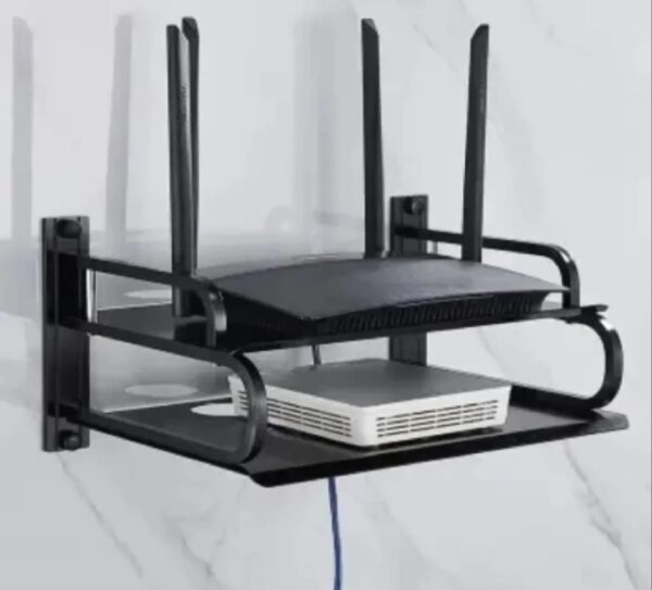 Metal WiFi Router Stand 2-Layer Wall Mount – Metal Shelf for TV Box & Remotes, Black - Image 2